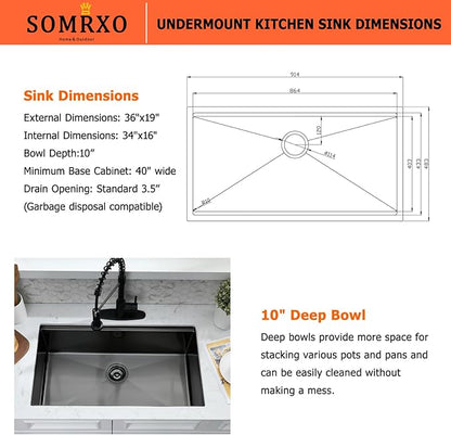 36x19 Black Undermount Kitchen Sink - 16 Gauge Stainless Steel Black Kitchen Sink Undermount 36 Inch,10 Inch Deep Single Bowl Workstation Sinks Includes Cutting Board & Colander