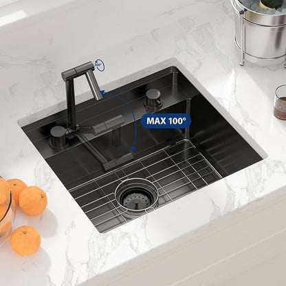 Sarlai Black Undermount Bar Sink With Foldable Faucet - 21x19 Inch Outdoor Black Kitchen Sink RV Workstation 16 Gauge Stainless Steel Single Bowl Handmade Outdoor BBQ Sinks with Lid