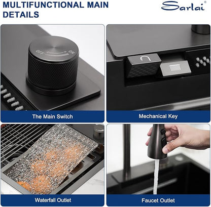 Sarlai Waterfall Kitchen Sink - 33 Inch Drop In Workstation Sink With Waterfall Black Stainless Steel 16 Gauge Multifunction Single Bowl Smart Top Mount Kitchen Sinks with Mechanical Keys 33x19x9 Inch