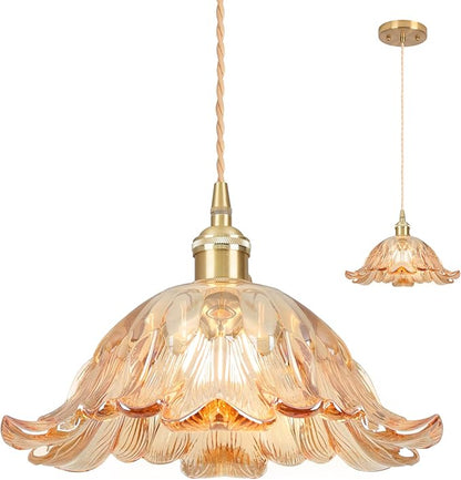 Vintage Pendant Light,Amber Glass Light Fixtures,11" Flower Pendant Lights Adjustable Hanging Light Pendant Lighting Fixtures for Bedroom Hotel Dining Room