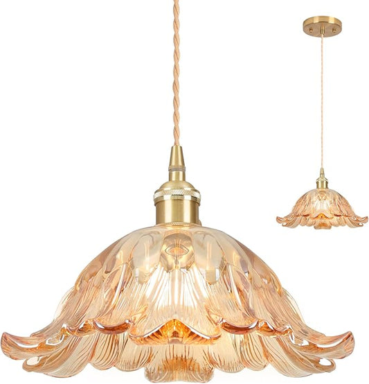 Vintage Pendant Light,Amber Glass Light Fixtures,11" Flower Pendant Lights Adjustable Hanging Light Pendant Lighting Fixtures for Bedroom Hotel Dining Room