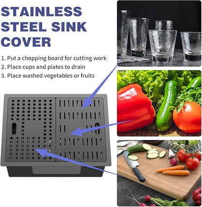 Black Kitchen Sink With Dual Cover,24"x18" Stainless Steel Undermount Single Bowl Kitchen Sink Built-in Ledge Drop In Workstation Sink Fully Covering Sink To Create Temporary Workspace/Drainage Area