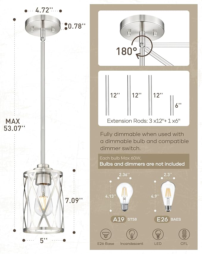 Beionxii 2 Pack Brushed Nickel Pendant Lights Kitchen Island, Glass Pendant Light Fixtures with Clear Glass and Rods, Kitchen Pendant Lighting Over Island, BX-PL07BN-2PK