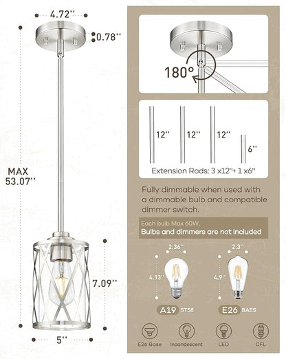 Beionxii Brushed Nickel Pendant Lights Kitchen Island, Glass Pendant Light Fixtures with Clear Glass and Rods, Kitchen Pendant Lighting Over Island for Sink, Dining Room, Entryway, BX-PL07BN