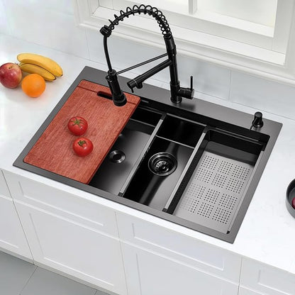 Gunmetal Black Kitchen Sink 33 x 22 Drop In Kitchen Sinks with Faucet Modern Workstation Large Stainless Steel Sink 33 Inch Single Bowl Top Mount Black Sink Kitchen