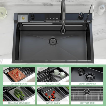 30 Inch Waterfall Kitchen Sink - Beslend 30x19 Drop In Waterfall Sink Nano Black Workstation Smart Sinks 16 Gauge Stainless Steel Single Bowl Black Basin with Faucet Combo