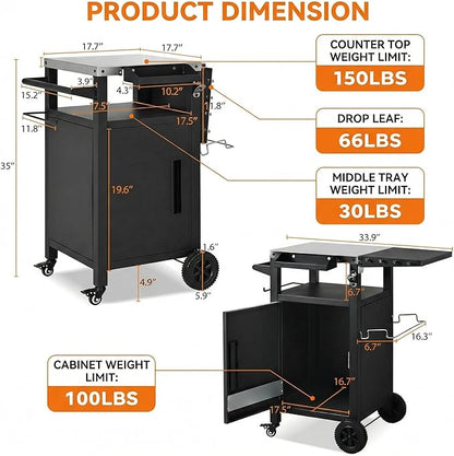 Casaphoria 33.9" Outdoor Kitchen Island BBQ Grill Cart, Stainless Steel Countertop Bar Cart with Folding Table,2 Lockable Wheels, Storage Cabinet, Spice Rack, Paper Towel Holder for Patio Lawn Garden