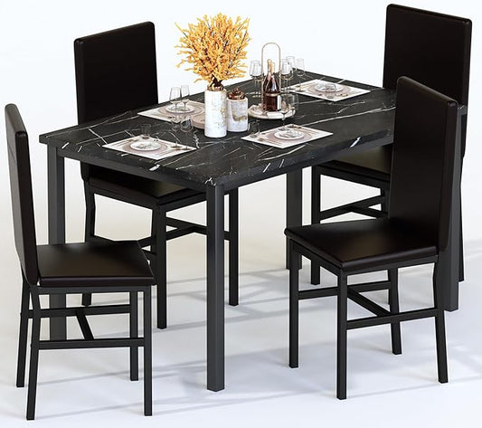 AWQM 5 Piece Dining Table Set for 4,Faux Marble Kitchen Table and Chairs for 4, Modern Dining Room Table with 4 Chairs,Dinner Table Set for Small Spaces, Black