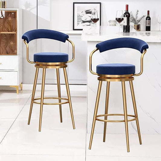 Round Height Stools of 1, Velvet with Open Back, Tall Armless Chairs, stools Metal Frame for Kitchen Island, Seat 75cm, Blue (3pcs Seat Height 75cm)