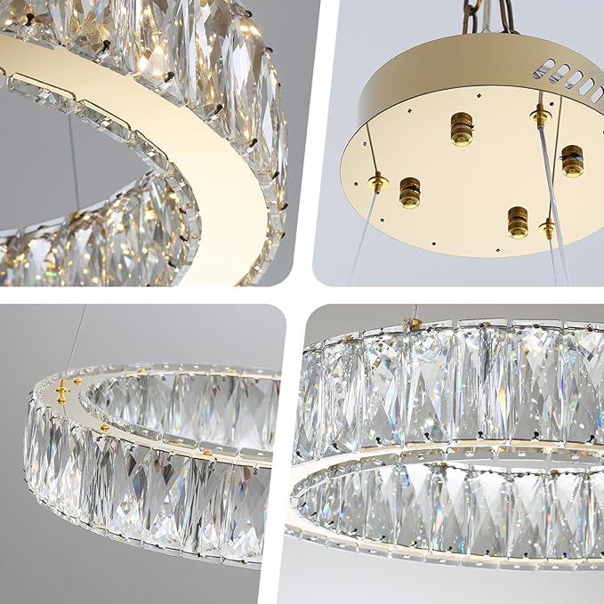 Modern LED Dimmable Crystal Chandelier 23.6" Ring Pendant Light Adjustable Gold Round Crystal Chandelier for Dining Room Living Room