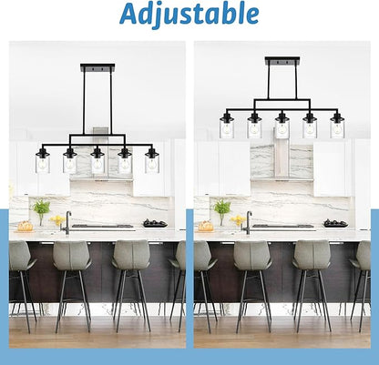 Kitchen Chandeliers Over Table 5-Light Linear Dining Table Light Fixture Hanging Light Adjustable Height with Clear Glass Shade, Black Island Lights for Kitchen Dining Room Foyer