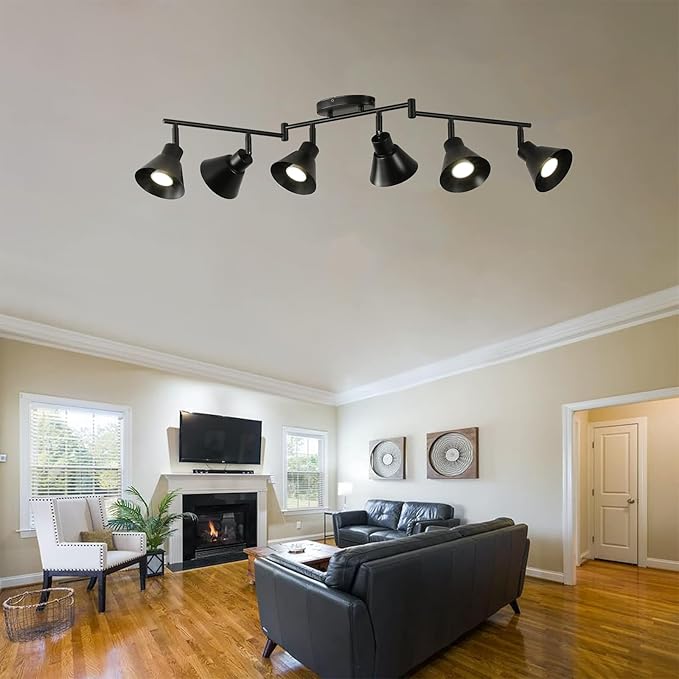 Modern 6-Light Track Lighting Fixture, Black Metal Ceiling Spotlight with Flexible Rotatable Heads, GU10 Base Directional Track Light for Kitchen, Hallway, Living Room & Gallery