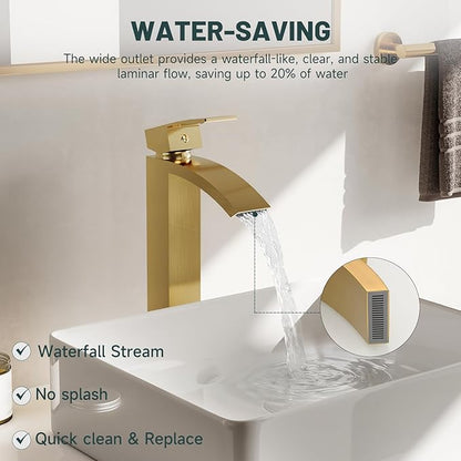 Brushed Gold Vessel Sink Faucet, Greenspring Waterfall Bathroom Faucets, Tall Spout Single Handle Single Hole Bathroom Faucets with Pop Up Drain and Without Overflow Basin Faucet Supply Line
