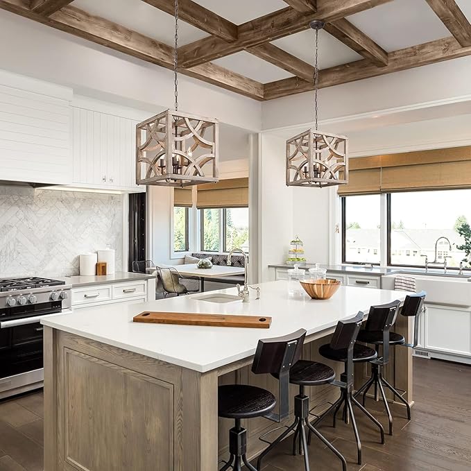 Farmhouse Chandelier, 4-Light Wood Chandeliers Rustic Metal & Distressed Wood Finish for Dining Room, Foyer, Kitchen Island