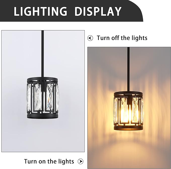Crystal Pendant Lighting Fixture Matte Black Drum Shade Chandelier,3-Pack Pendant Lights for Kitchen Island Modern Ceiling Lights for Living Room