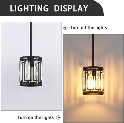 Crystal Pendant Lighting Fixture Matte Black Drum Shade Chandelier,3-Pack Pendant Lights for Kitchen Island Modern Ceiling Lights for Living Room