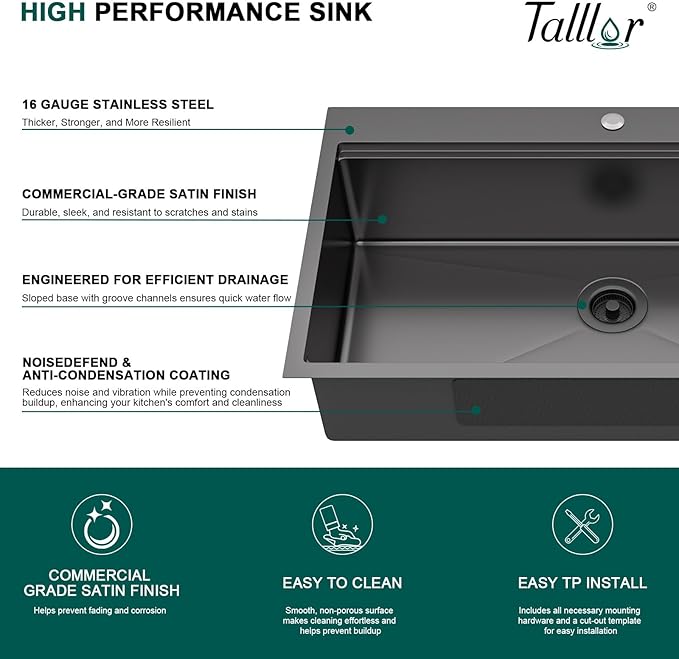 36x22 Inch Drop In Black Kitchen Sink - Workstation 16 Gauge 304 Stainless Steel Single Bowl Handmade Large Two-Holes Sink with Mixing Bowl, Pasta Strainer, and Cutting Board #TLT-0056