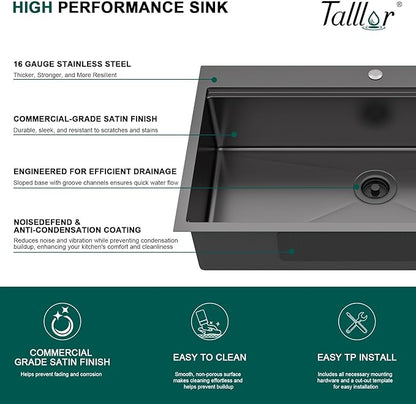 36x22 Inch Drop In Black Kitchen Sink - Workstation 16 Gauge 304 Stainless Steel Single Bowl Handmade Large Two-Holes Sink with Mixing Bowl, Pasta Strainer, and Cutting Board #TLT-0056