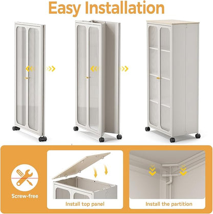 Metal Storage Cabinet Organizer,Kitchen Storage Cabinets With Doors and Shelves,Small Tall Narrow Cabinet with Acrylic Doors & Wheels, Slim Office Cabinets Shelf,NO SCREW NO TOOL ASSEMBLY,White