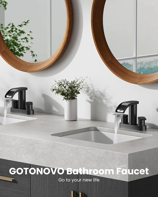 gotonovo 4 Inch Centerset Waterfall Bathroom Sink Faucet Deck Mount 2 Handle Basin Faucets 2 or 3 Hole with Pop Up Drain Included Lavatory Modern Mixer Tap Vanity Faucet Matte Black