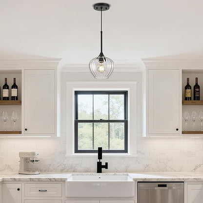 Glass Pendant Light, 7inch Modern Black Pendant Lights Fixture Small Farmhouse Pendant Hanging Lighting for Kitchen Island Dining Room Sink Bathroom Bar Restaurant