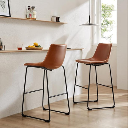 DUMOS Counter Height Bar Stools Set of 2, 30 inch Height Stool Faux Leather Barstools with Back, Armless Kitchen Island Countertop Comfortable Modern Chairs with Metal Legs, Warm Brown