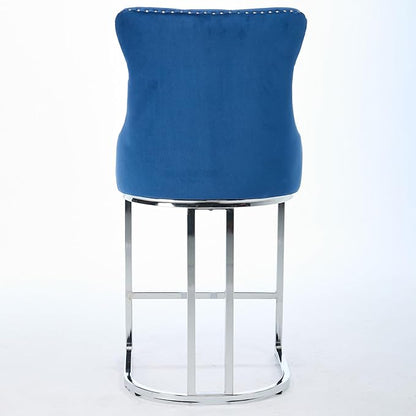 25" Counter Height Bar Stools Set of 2, Modern Velvet with Button Back Rivet Trim Upholstered Kitchen Island Chairs with Sturdy Chromed Metal Base Legs Farmhouse Bar Stools, (Blue,2 Pack)