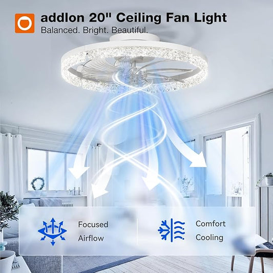 addlon Ceiling Fans with Lights and Remote, 20'' Low Profile Flush Mount Ceiling Fan, 3000–6000K Dimmable LED Fandelier, Bladeless Crystal Fan Light for Bedroom, Kitchen, Living Room, White