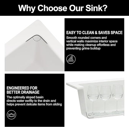 Kitsitchen 15 Inch Small White Bar Sink, Undermount Bar Sink Granite Composite Kitchen Sink 15" x 15", Quartz Stone Kitchen Sink with a Gold Sink Drain Strainer & a Gold Sink Bottom Grid