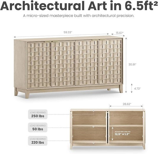 MALOL Sideboard Buffet Cabinet with Storage, Modern 4-Door Buffet Table with 3D Checkerboard Doors & Solid Wood Legs, Large Coffee Bar Cabinet for Dining Room, Living Room, Entryway, Oak