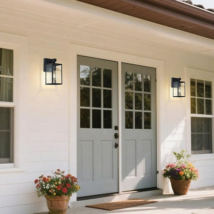 LALUZ Black Outdoor Wall Lights 2 Pack, 9.3'' Modern Farmhouse Rectangle Porch Lights Outdoor Wall with Clear Glass Set of 2, Waterproof Anti-Rust Exterior Outside Wall Sconces Lighting Light Fixtures