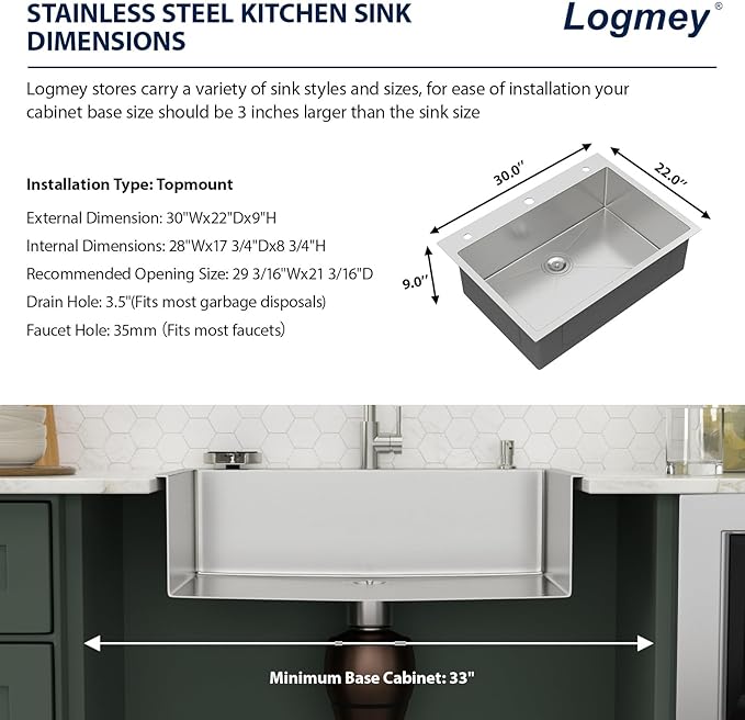 30x22 Drop in Kitchen Sink with Faucet Soap dispenser 30 Inch Stainless Steel Sinks Topmount 16 Guage 304 Single Bowl 9'' Deep Sinks with Cup Washer LMT30229-F