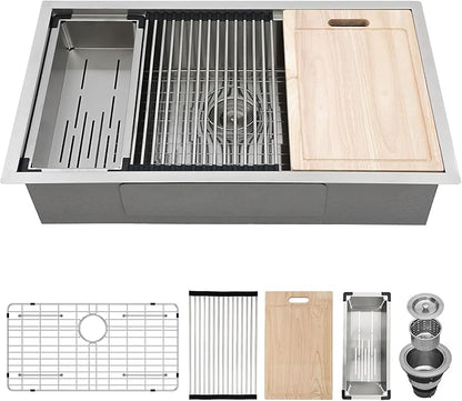 30 Inch Undermount Kitchen Sink 30x18x9 Inch Workstation Undermount Sink Stainless Steel 16 Gauge Single Bowl Under Counter with Accessories