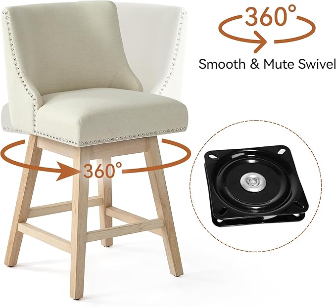 Counter Height Swivel Bar Stools Set of 6, Modern Linen Fabric Swivel Barstools with Back and Wood Legs, Upholstered 26" Seat Height Counter Stools for Kitchen Island, Home Bar, Beige