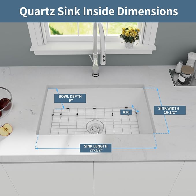 White Kitchen Sink, White Granite Composite Kitchen Sinks with Accessories, 30 Inch Undermount Quartz Stone Kitchen Sink, 30" x 19" x 9" Large and Deep Single Bowl Kitchen Sinks