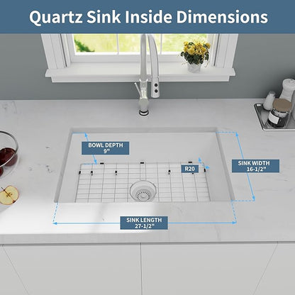 White Kitchen Sink, White Granite Composite Kitchen Sinks with Accessories, 30 Inch Undermount Quartz Stone Kitchen Sink, 30" x 19" x 9" Large and Deep Single Bowl Kitchen Sinks