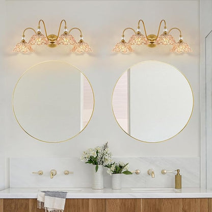Vintage Bathroom Vanity Light, 4-Light Matte Brass Finish Vanity Light with Floral Amber Glass Shades, Retro Wall Mount Lighting for Bathroom, Dressing Table