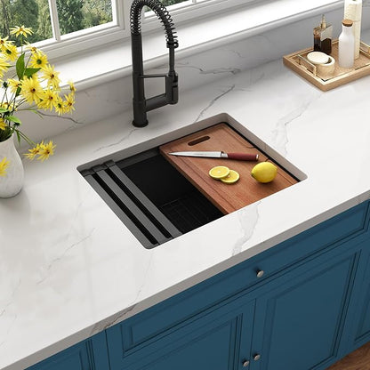 Black Undermount Kitchen Sink 23 inch,16 Gauge Stainless Steel Sinks,Single Bowl Workstation Sink,Modern Kitchen Sink Offset Drain (23" X 18")