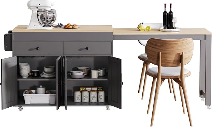 Ball & Cast 75" Kitchen Island with Extendable Dining Table,Rolling Dining Islands Cart On Wheels W/Spice Rack & 2 Drawers,Mobile Storage Kitchen Cart W/ 4 Door Cabinet,for Kitchen,Dining Room,Grey