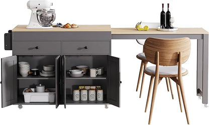Ball & Cast 75" Kitchen Island with Extendable Dining Table,Rolling Dining Islands Cart On Wheels W/Spice Rack & 2 Drawers,Mobile Storage Kitchen Cart W/ 4 Door Cabinet,for Kitchen,Dining Room,Grey