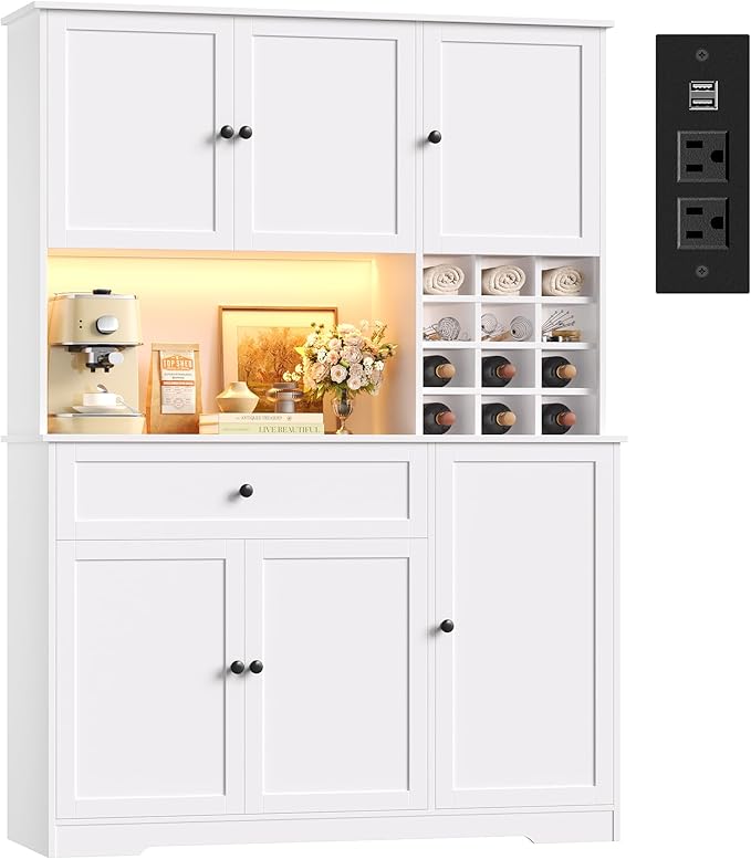 FINETONES Pantry Cabinet with 7-Color LED Light and Charging Station, 71" Tall Kitchen Pantry Cabinet with Microwave Stand, Modern Kitchen Hutch with Storage Drawer for Dining Room, White