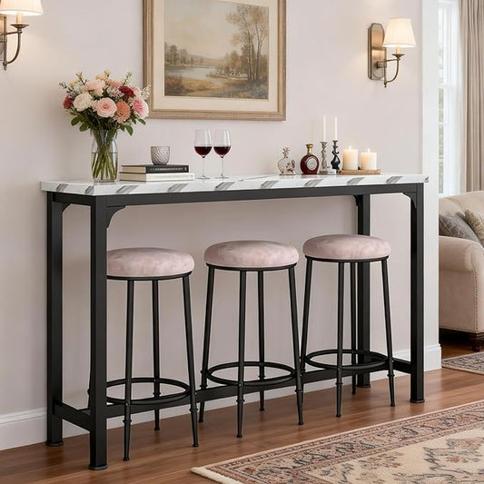 HOMYSHOPY Bar Table Set for 3, 4 Piece Console Table with 3 Stools, Counter Height Kitchen Table Set with 3 Chairs for Breakfast Nook, Living Room and Apartment (White & Black)