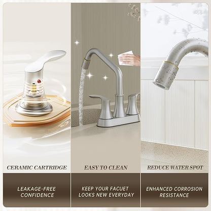 Phiestina Brushed Nickel Utility Sink Faucet 3 Hole, Laundry Sink Faucet with Pull Out Sprayer, Long Spout Dual Handle Modern Bathroom Faucet, 4 Inch CenterSet Room Sink Faucets, LF36CL-2M-BN