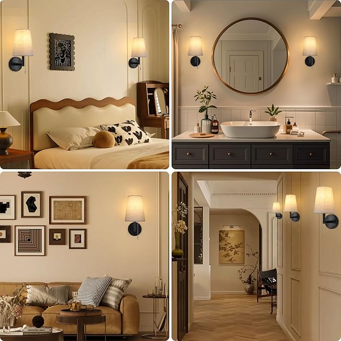 Lightess Pull Chain Light Fixture Wall, Indoor Wall Sconces Set of 2, Vintage Wall Lamps with White Fabric Shade for Bedroom Living Room Corridor