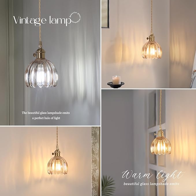 Shenmoyl Vintage Wall Sconce Wall Lamp Amber Tulip Shade Pattern Glass Adjustable Chain Retro Gold Wall Mounted Light, Wall Lamp Fixtures Decor for Bedside Bedroom Indoor Doorway