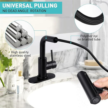 Bathroom Sink Faucet with 4 Mode Pull Down Sprayer, Matte Black Single Handle Pull Out Faucet with Pop-Up Drain, 1 or 3 Hole Laundry Bar Basin Faucet with Deck Plate