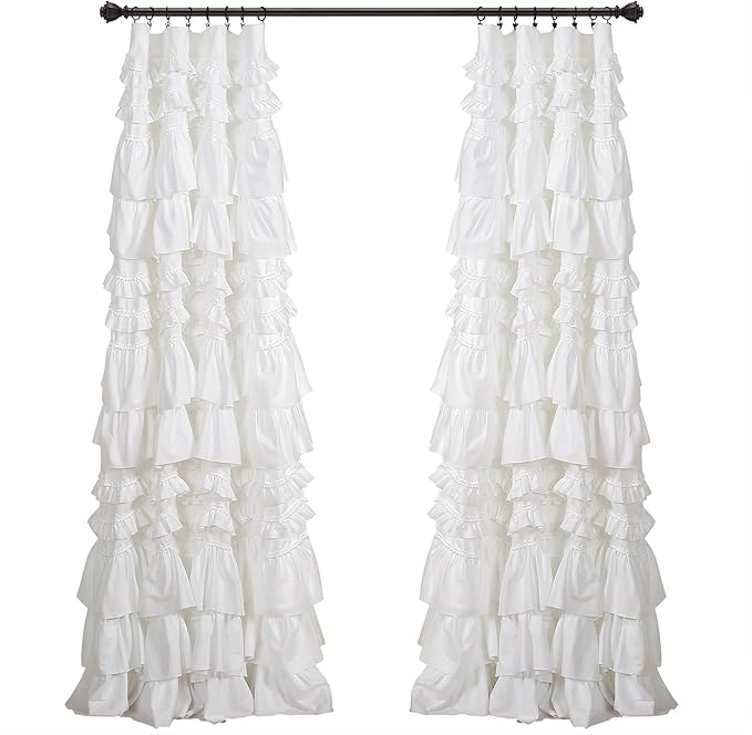 Lush Decor Kemmy Light Filtering Window Curtain Panel Single 52" W x 84" L White - Drapes - Ruffled Curtains for Bedroom - White Curtains - Coquette Decor