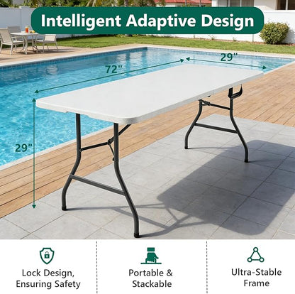 6ft Folding Table with Handle, Heavy Duty Plastic Table, 300 lbs Portable Table, Reinforced Steel Legs, High Density Plastic, Ideal for Parties, Picnics, Weddings, Camping White
