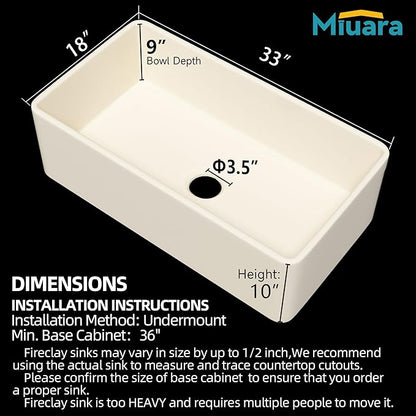Miuara Bone Farmhouse Sink 33 Inch - Apron Front Kitchen Sink Reversible 33x18x10, Undermount Installation, Farm House Style Single Bowl, Heavy Duty Solid Fireclay, Bone Color, for Kitchen