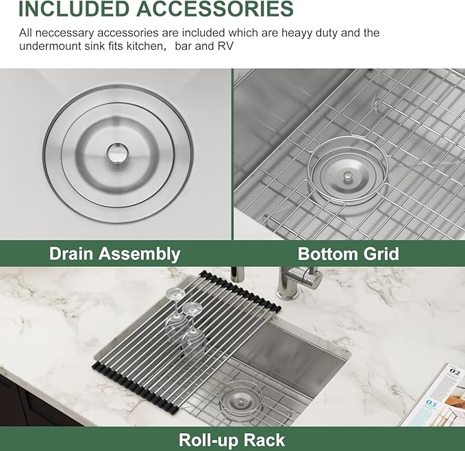 23 Inch Undermount Bar Sink 16 Gauge Stainless Steel Single Bowl RV Sink Small Rectangular Under Counter Kitchen Sink Basin 23"x18"x9"